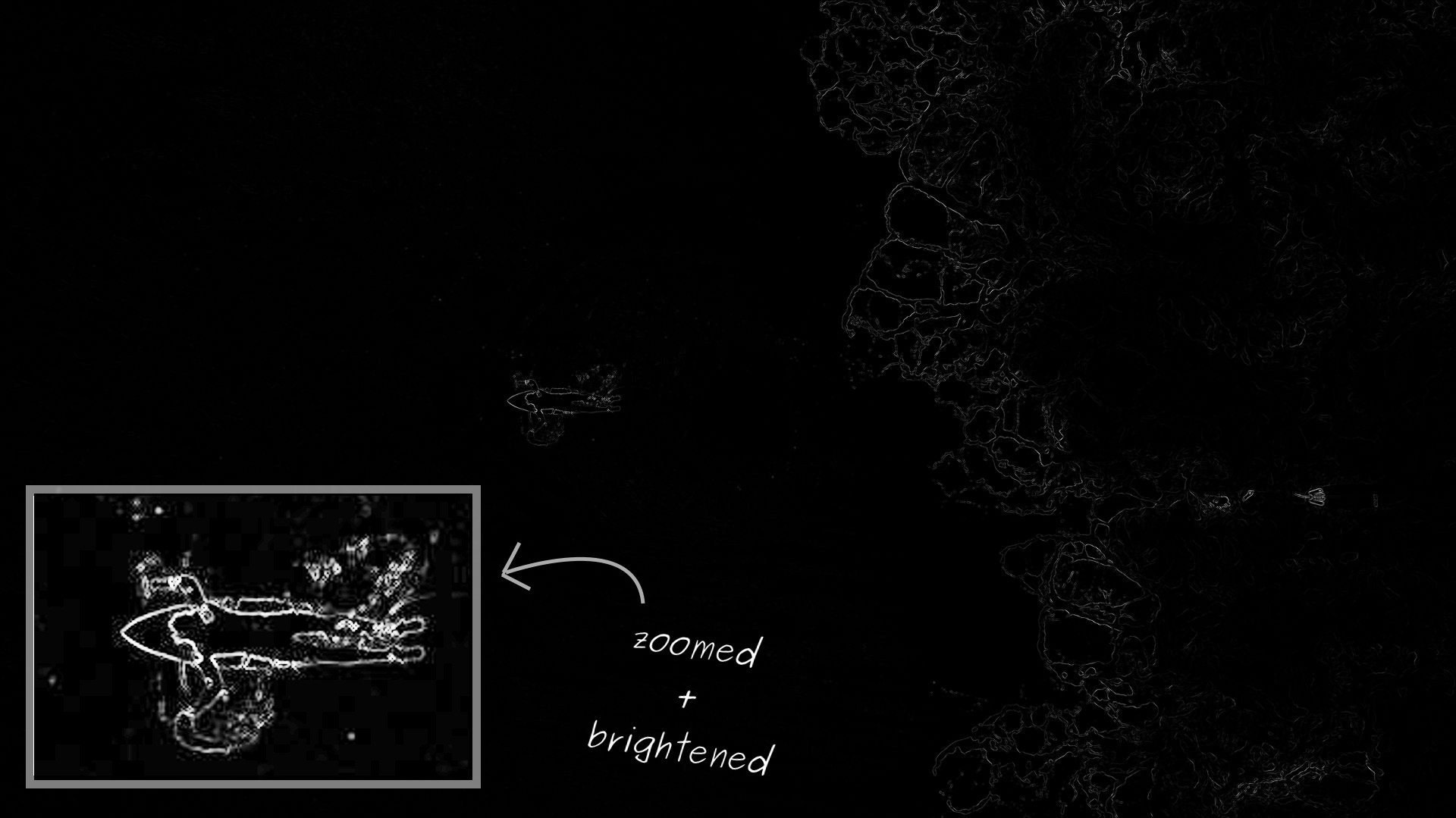 冲浪者图片中每个像素的能量，用白色显示高能量像素、黑色显示低能量像素来可视化。不出所料，中间的冲浪者和右侧的湍流的能量最高。